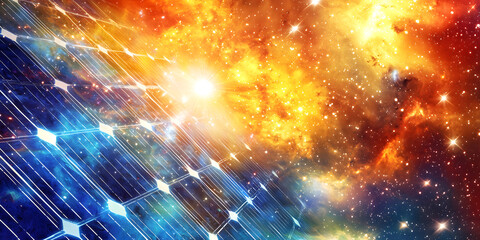 Obraz premium vibrant conceptual art piece showcasing solar cells against cosmic backdrop, blending technology and universe beauty. radiant sun illuminates scene, evoking wonder