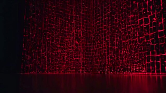 A grid of hexagonal cells, each containing small binary numbers and glowing with varying intensities of red light, fading into a dark, deep crimson, 4k High-Quality background animation video
