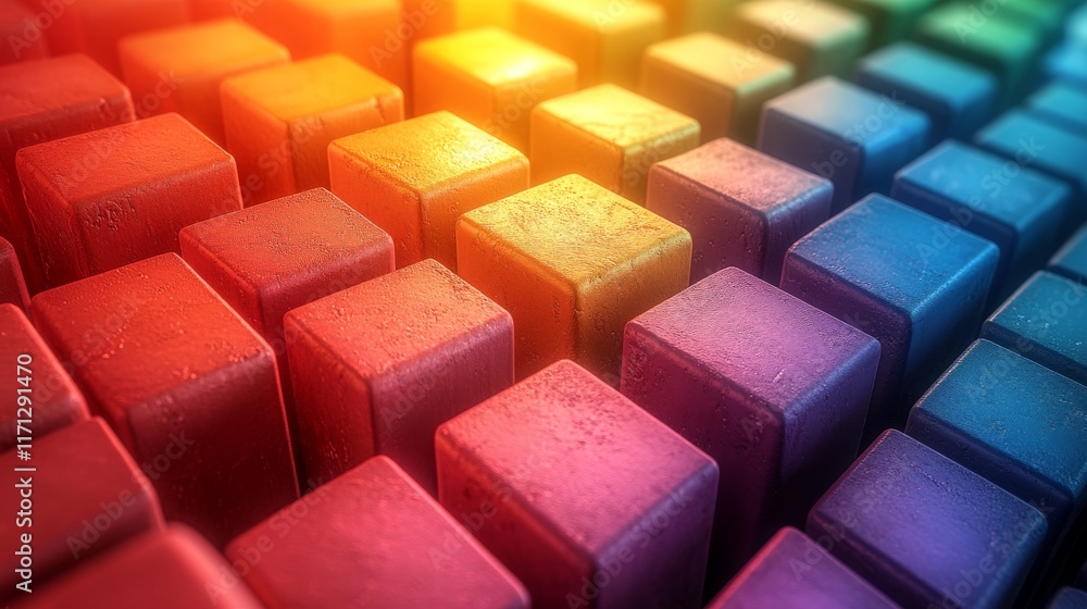 Poster colorful wooden blocks arranged in a grid pattern with a warm light source.