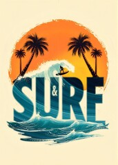 Obraz premium A vintage-style surf poster with crashing waves and sandy beach, evoking coastal vibes, surfer amidst vibrant palms