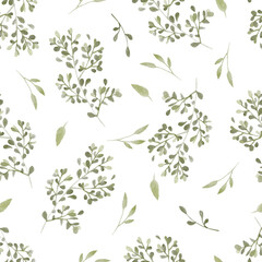 Watercolor seamless pattern with green leaves. Botanical floral pastel background. Delicate floral and herb illustration.