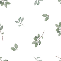 Obraz premium Watercolor seamless pattern with green leaves. Botanical floral pastel background. Delicate floral and herb illustration.