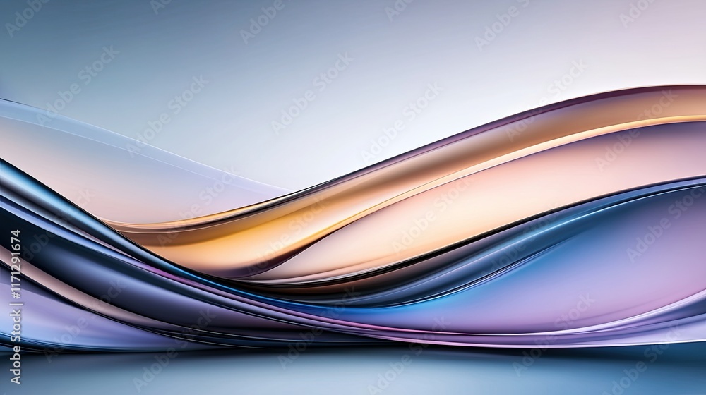 Poster abstract design features a mesmerizing blend of pastel colors with flowing waves and a shiny, metall