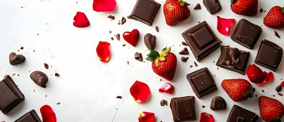 Fresh strawberries and dark chocolate arranged with rose petals for romantic setting