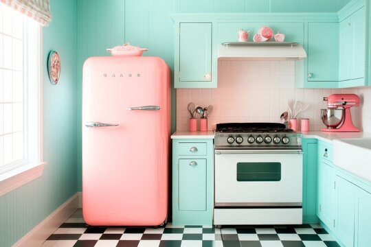 A retro-style kitchen with bold colors, checkered flooring, and vintage appliances, styled like a 1950s diner