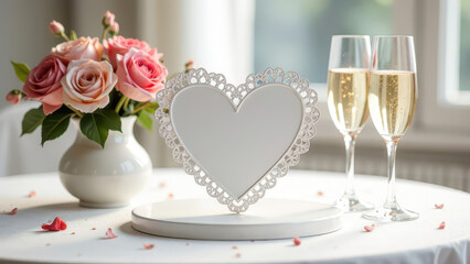 Naklejka premium champagne glasses, vase with flowers, greeting card mockup for Valentine's Day, romance, dinner, couple, date, wedding
