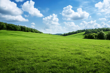 Obraz premium Empty green meadow with moutains in the background, grass field with a bit of blue sky at summer