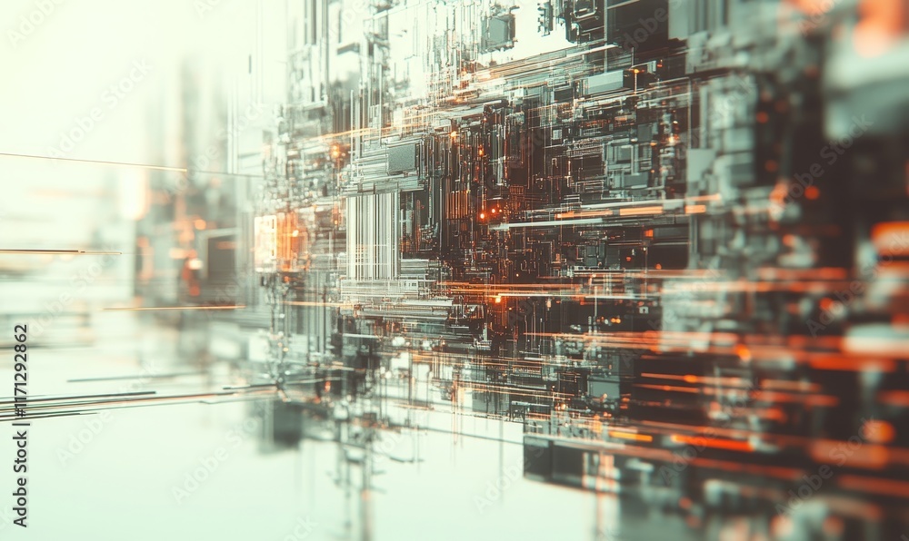 Poster abstract digital landscape featuring intricate circuitry and dynamic light effects.