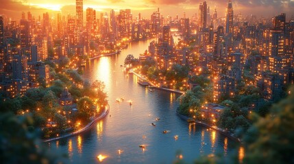 Sunset cityscape with river, boats, and city lights.