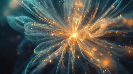 Abstract luminous explosion with swirling golden tendrils and blue glow, showcasing intricate patterns and dynamic energy across a dark backdrop, perfect for digital art or backgrounds.