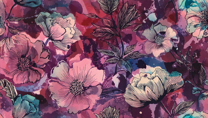 Floral pattern with colorful blossoms and leaves in a seamless decorative design