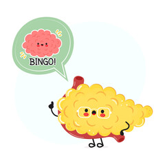 Pancreas with speech bubble and brain character. Vector hand drawn cartoon kawaii character illustration. Isolated white background. Pancreas poster and brain