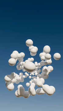Surreal cloudscape with abstract 3D render shapes