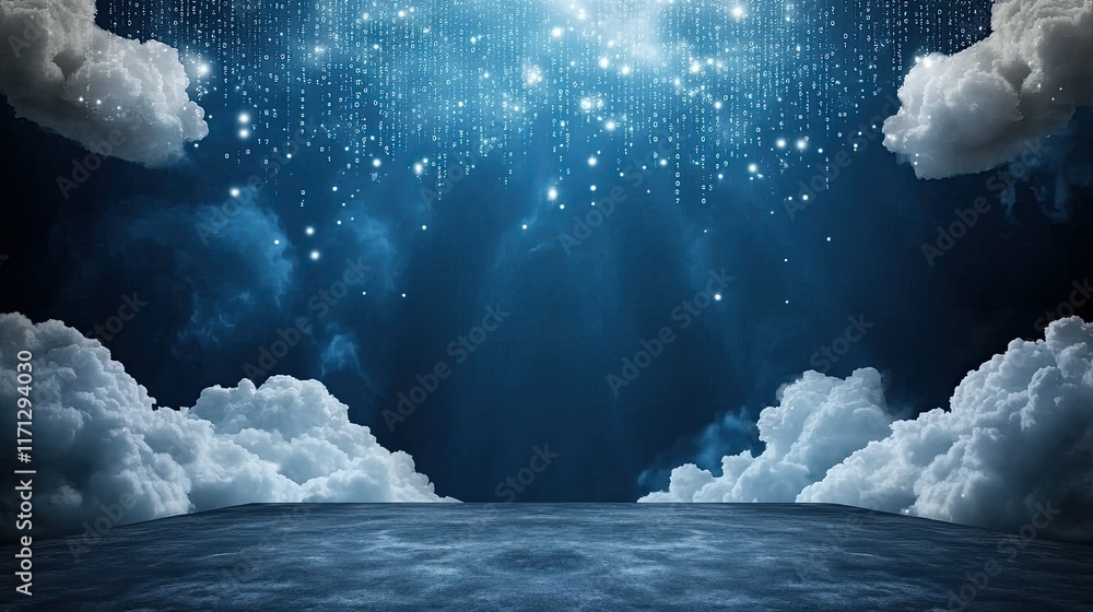 Poster glowing binary code descends from an abstract cloud against a dark blue backdrop, illustrating the c