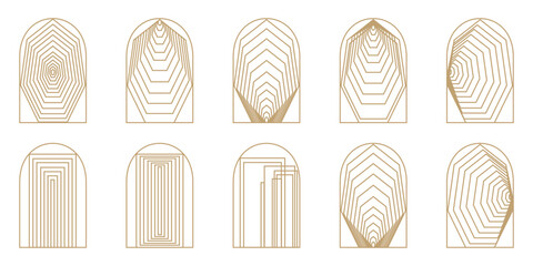 Set of gold arch frames isolated on white background. Modern aesthetic linear arch frames. Arc shapes in boho style. Vector illustration. Aesthetic geometric arch elements. geometric arch collection.