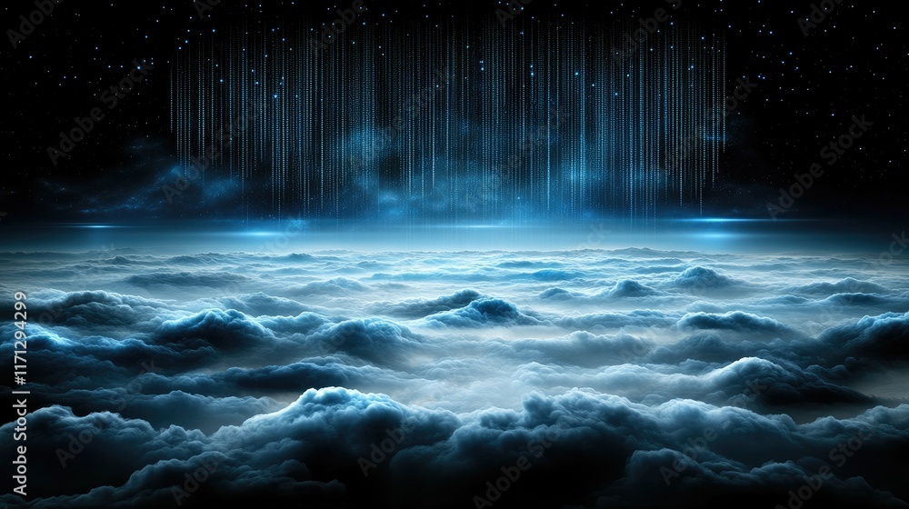 Poster glowing binary code descends from an abstract cloud against a dark blue backdrop, illustrating the c