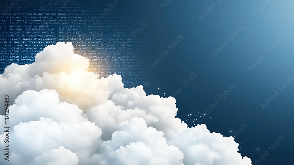 Fototapete Glowing binary code descends from an abstract cloud against a dark blue backdrop, illustrating the concept of digital information transfer
