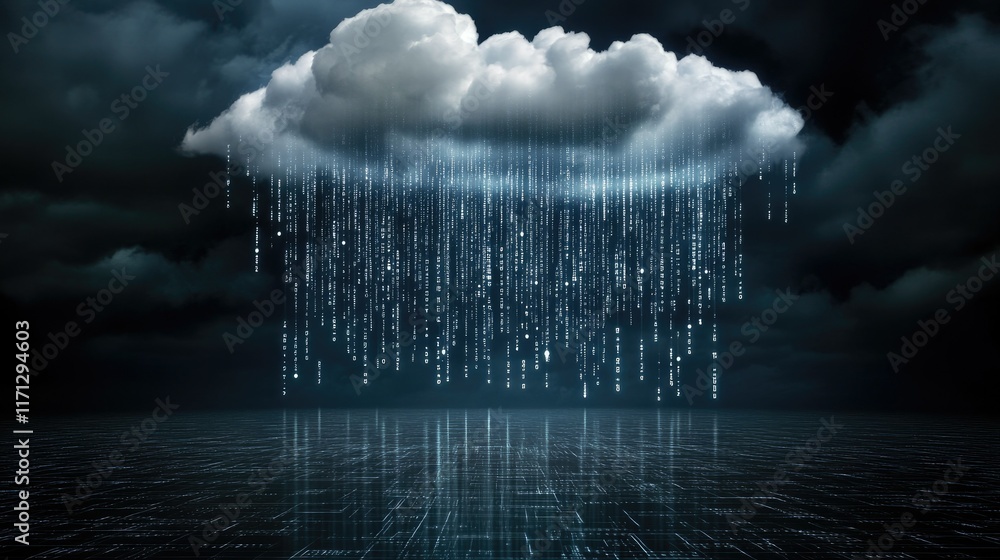 Fototapete Glowing binary code descends from an abstract cloud against a dark blue backdrop, illustrating the concept of digital information transfer