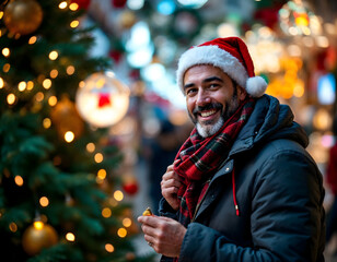 Man wearing a Santa hat smiles joyfully in a festive market, surrounded by twinkling lights and...