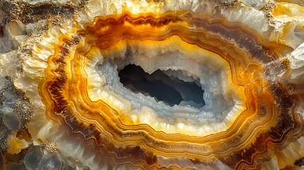 Obraz premium Close-up view of intricate agate slice, featuring concentric rings of orange, yellow, and white mineral bands, with a dark, hollow center.