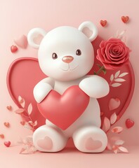 Obraz premium Adorable fluffy teddy bear holding a shiny red heart and a vibrant red rose. Surrounded by glitter, small hearts, and a soft pink gradient background. Perfect for Valentine's Day.