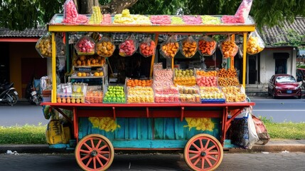 Colorful fruit cart on street, various fruits displayed for sale.