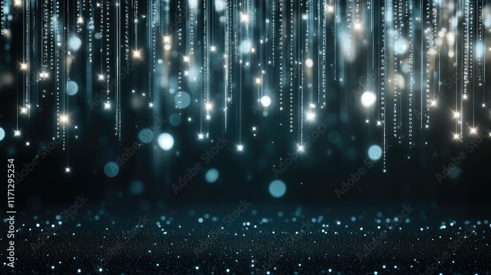 Poster glowing binary code descends from an abstract cloud against a dark blue backdrop, illustrating the c