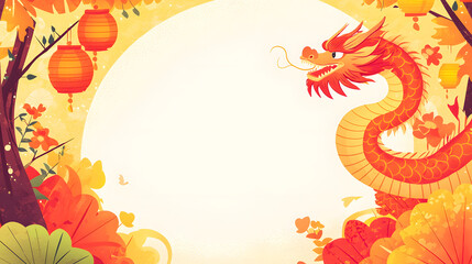 decorative dragon illustration surrounded by autumn foliage and lanterns, evoking sense of wonder and celebration. Perfect for festive themes and cultural events