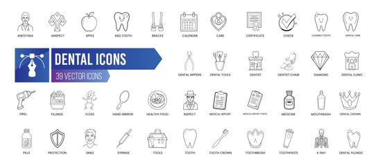 DENTAL - Outline Icon Collection. Thin Line Set contains such Icons as Hospital, Doctor, Anesthesia, Inspect, Apple, Bad Tooth and more. Simple web icons set.