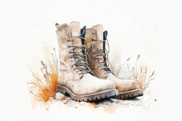 A stylized depiction of khaki green boots, placed neatly on a plain background with soft earthy tones