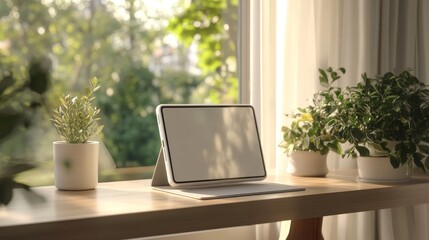 A serene workspace with a tablet and potted plants, emphasizing productivity and nature.