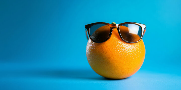 Summer concept with orange with sunglasses on pastel blue background. Ai generative art