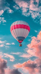Naklejka premium Hot air balloon soaring through vibrant sunset clouds.