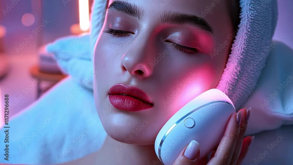 Poster this person enjoys a relaxing skincare treatment using innovative technology in a tranquil setting.