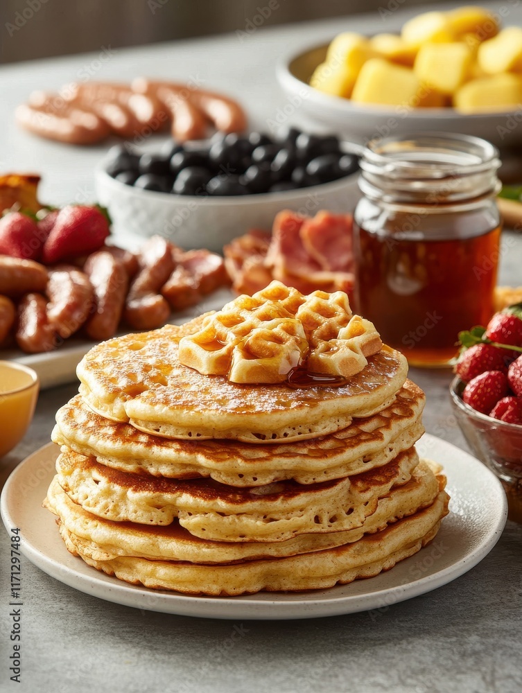 Poster freshly made pancakes stacked high with waffles and topped with syrup surrounded by a variety of bre