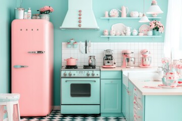 A vibrant kitchen with retro-style appliances in pastel colors, a checkered floor, and vintage decor elements