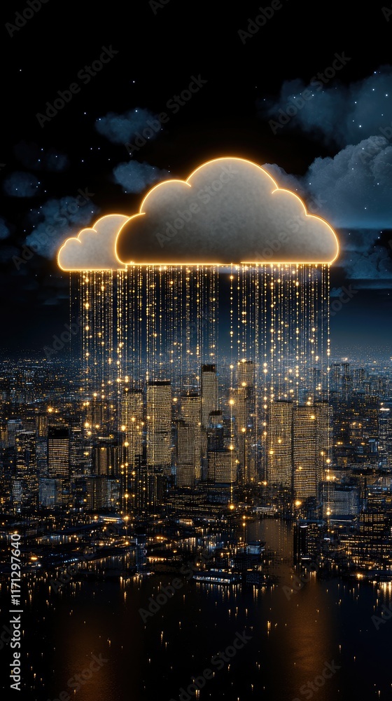 Poster glowing binary code descends from an abstract cloud against a dark blue backdrop, illustrating the c