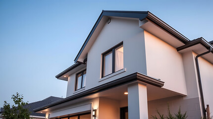 Exterior View of Two-Story House at Dusk