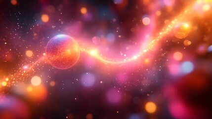 Fototapeta premium Glowing orbs connected by a sparkling energy trail amidst a bokeh background.