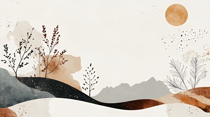 Abstract Landscape with Minimalist Plants and Sun