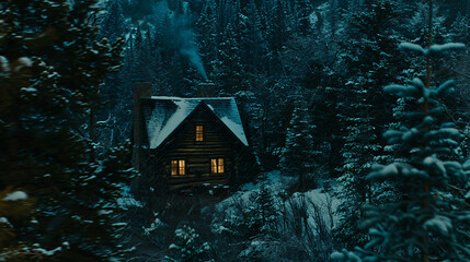 A cozy wooden cabin nestled deep in a dense forest is illuminated by the warm golden glow of its windows, with soft snowflakes falling gently in the moonlight. The camera pans slowly from the dark tre