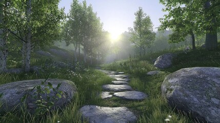 Serene pathway through a sunlit forest with rocks and greenery.