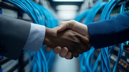 Two hands shaking in a server room, symbolizing partnership in technology.