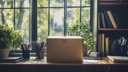 A Cozy Home Office Scene Featuring a Cardboard Box on a Wooden Desk Surrounded by Greenery, Stationery, and Books in Bright Natural Light for Creative Inspiration