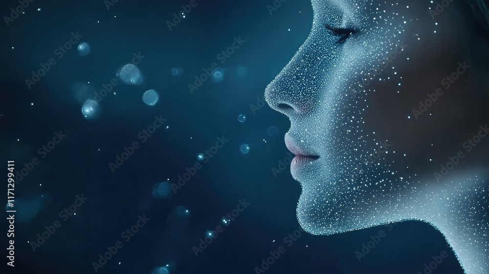 Poster abstract representation of a human profile using glowing lines and dots, symbolizing the concept of 
