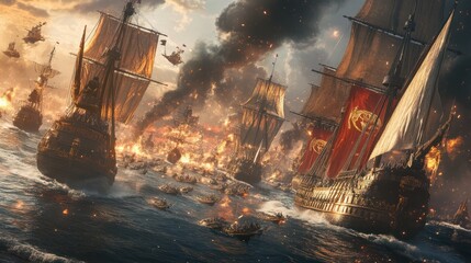 Epic naval battle with numerous ships in intense combat, explosions, and flames.