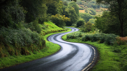 Fototapeta premium Serene Winding Road Through Lush Green Landscape After Rain, Surrounded by Trees and Hills, Inviting Nature Scene for Scenic Drives and Outdoor Adventures