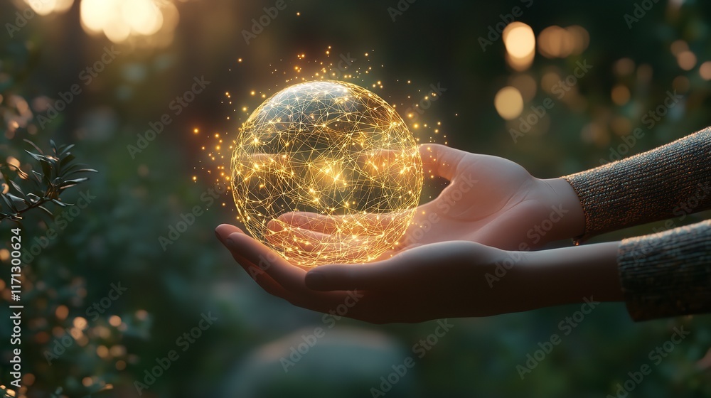 Aufkleber global network connection digital world sphere in hand technology innovation future web data blue