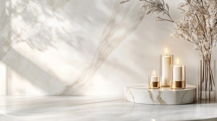 A serene display of candles and dried plants on a marble surface, creating a calming ambiance.