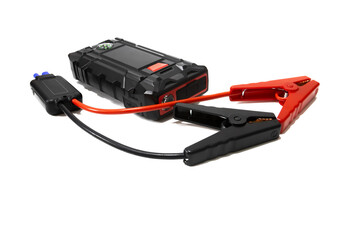 Vehicle battery jump starter. Isolated on a white background. Car, motorcycle, boat, battery, clamp, maintenance.